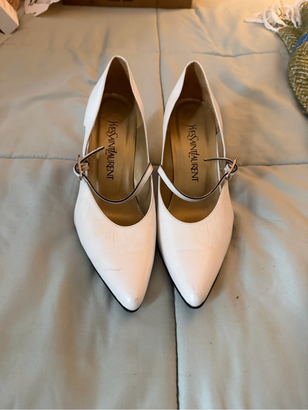 Yves Saint Laurent White Pointed Mary Jane Pumps with Thin Strap Size 36
